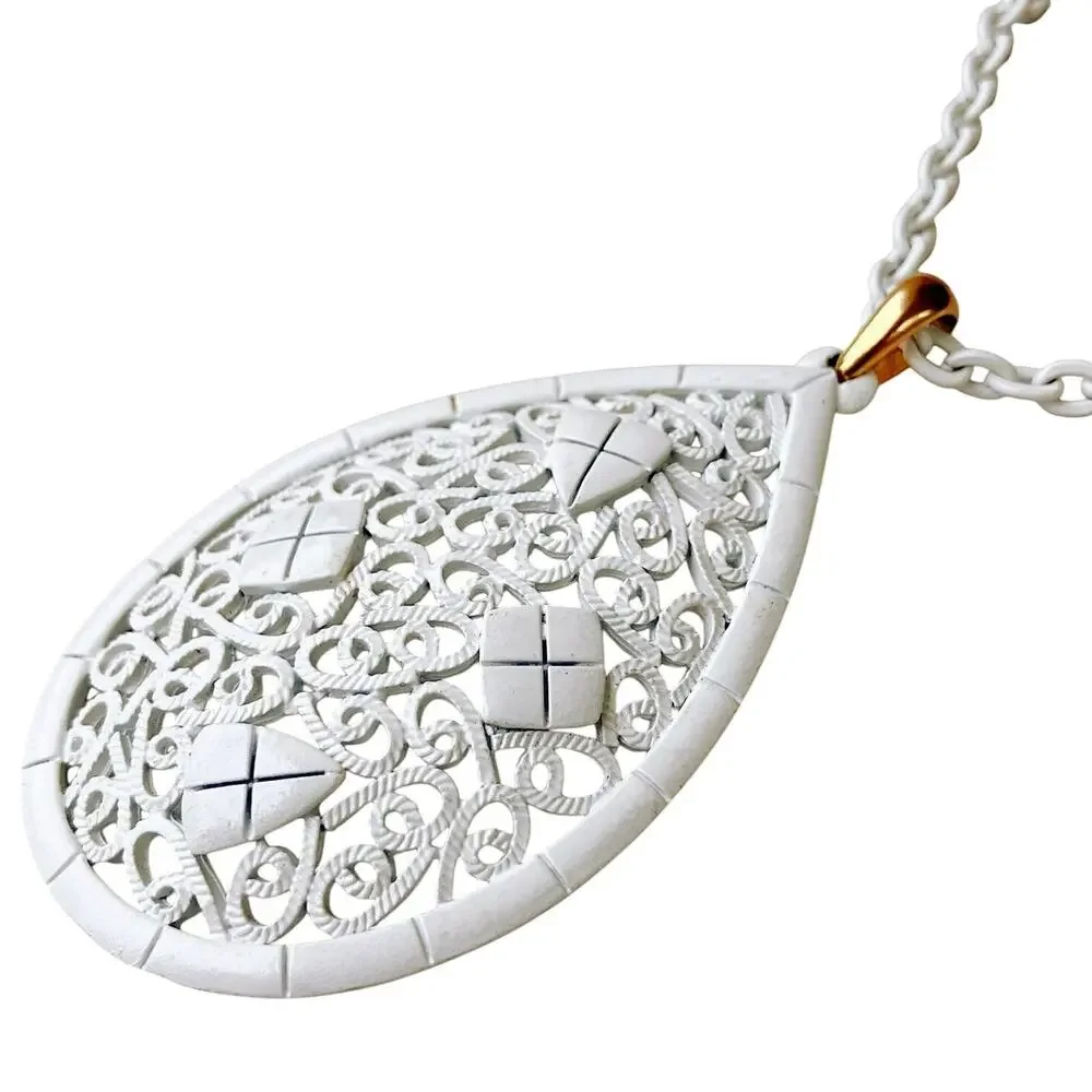 VTG 1960s 1970s Pendant Necklace White Enamel Filigree Mod Statement Jewelry